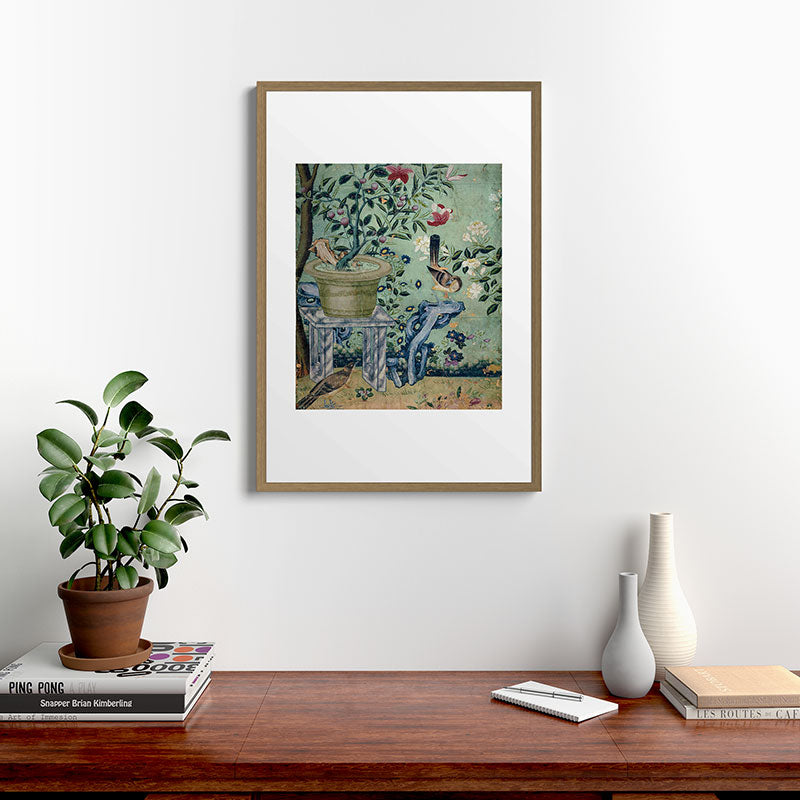18th Century Antique Mint Chinoiserie Bird Garden Fresco 1740 Framed Art Print