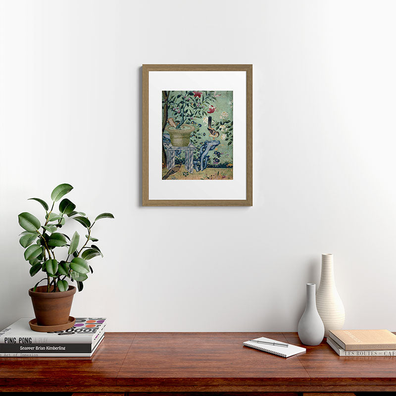 18th Century Antique Mint Chinoiserie Bird Garden Fresco 1740 Framed Art Print