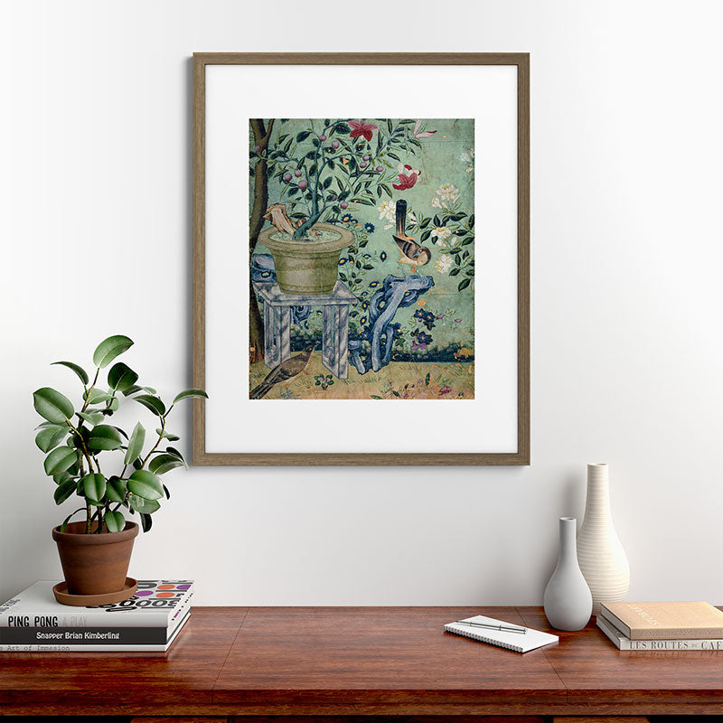 18th Century Antique Mint Chinoiserie Bird Garden Fresco 1740 Framed Art Print