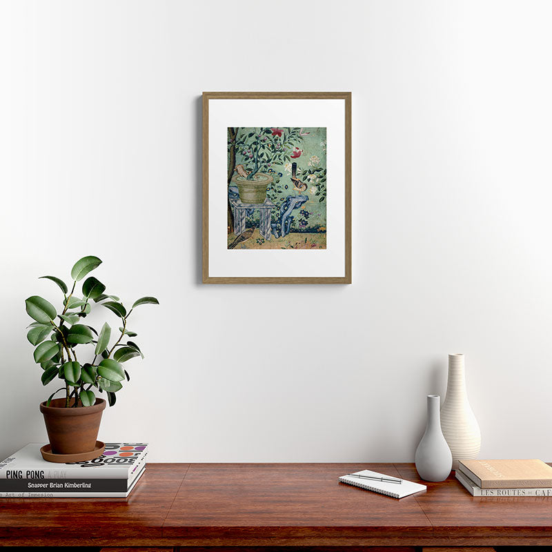 18th Century Antique Mint Chinoiserie Bird Garden Fresco 1740 Framed Art Print
