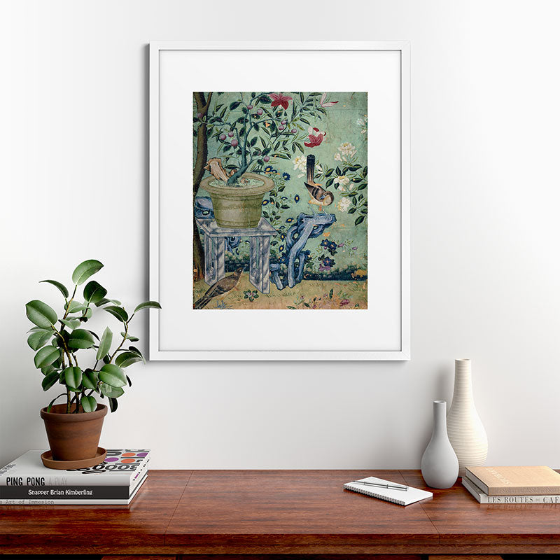 18th Century Antique Mint Chinoiserie Bird Garden Fresco 1740 Framed Art Print