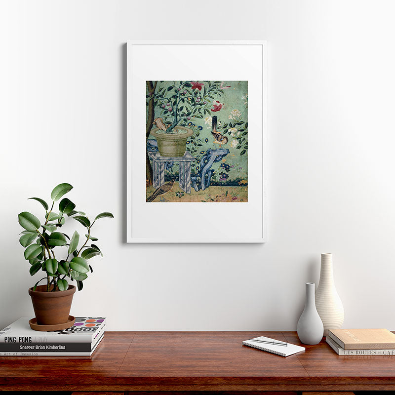 18th Century Antique Mint Chinoiserie Bird Garden Fresco 1740 Framed Art Print