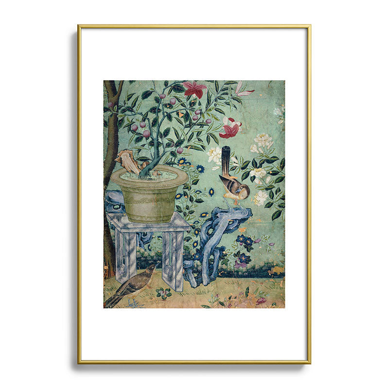 18th Century Antique Mint Chinoiserie Bird Garden Fresco 1740 Framed Art Print