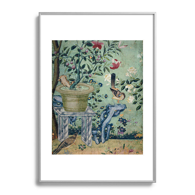18th Century Antique Mint Chinoiserie Bird Garden Fresco 1740 Framed Art Print