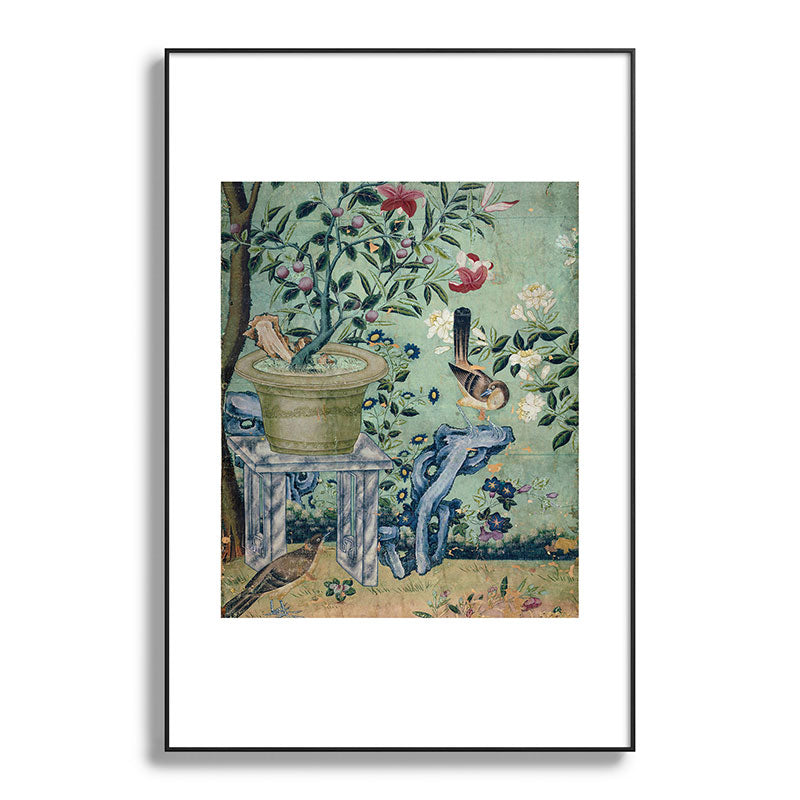 18th Century Antique Mint Chinoiserie Bird Garden Fresco 1740 Framed Art Print