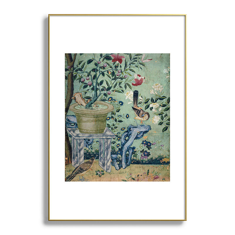 18th Century Antique Mint Chinoiserie Bird Garden Fresco 1740 Framed Art Print
