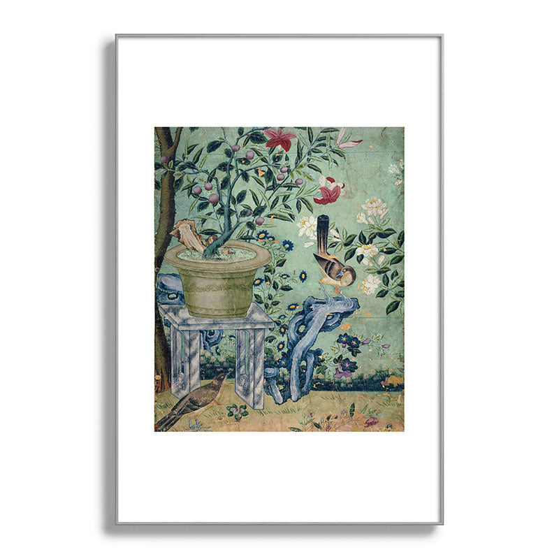 18th Century Antique Mint Chinoiserie Bird Garden Fresco 1740 Framed Art Print