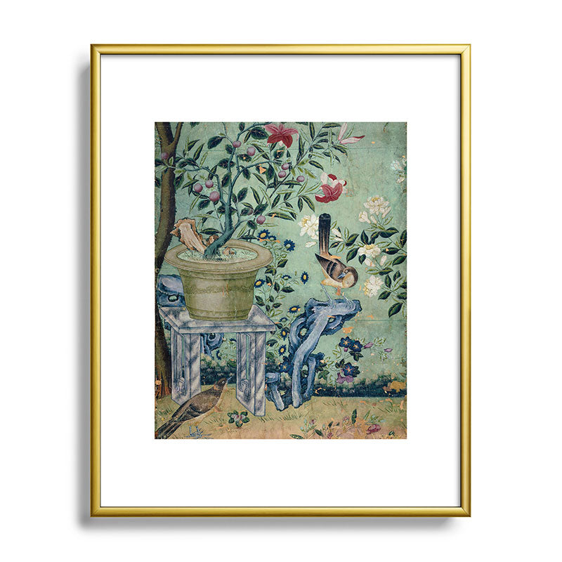 18th Century Antique Mint Chinoiserie Bird Garden Fresco 1740 Framed Art Print