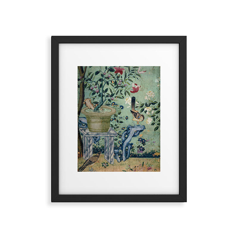 18th Century Antique Mint Chinoiserie Bird Garden Fresco 1740 Framed Art Print