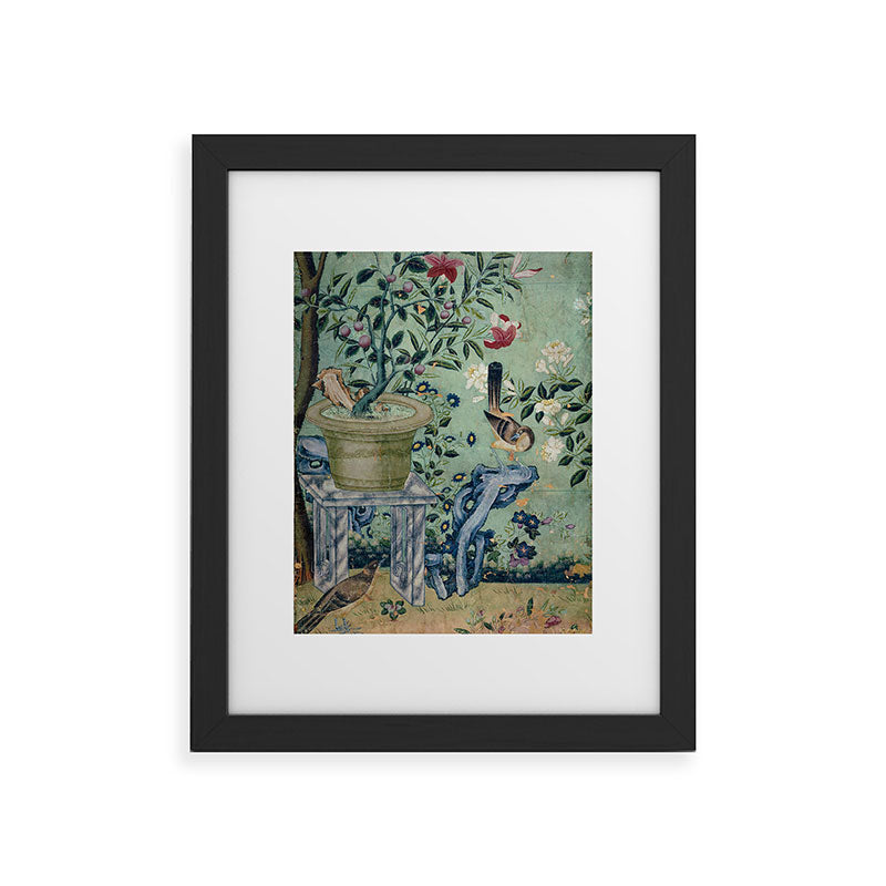 18th Century Antique Mint Chinoiserie Bird Garden Fresco 1740 Framed Art Print