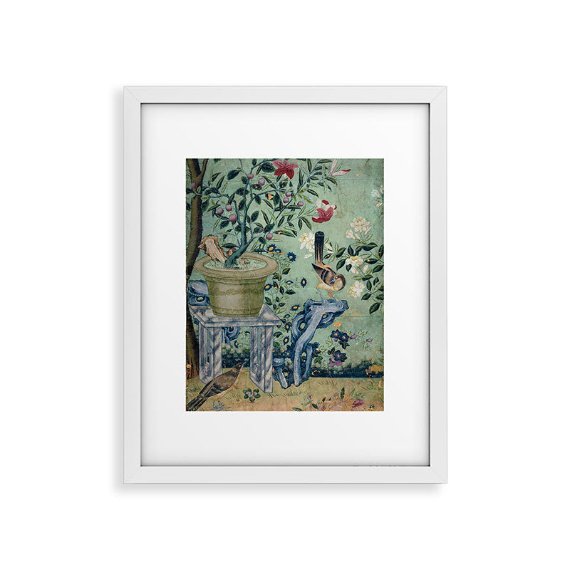 18th Century Antique Mint Chinoiserie Bird Garden Fresco 1740 Framed Art Print