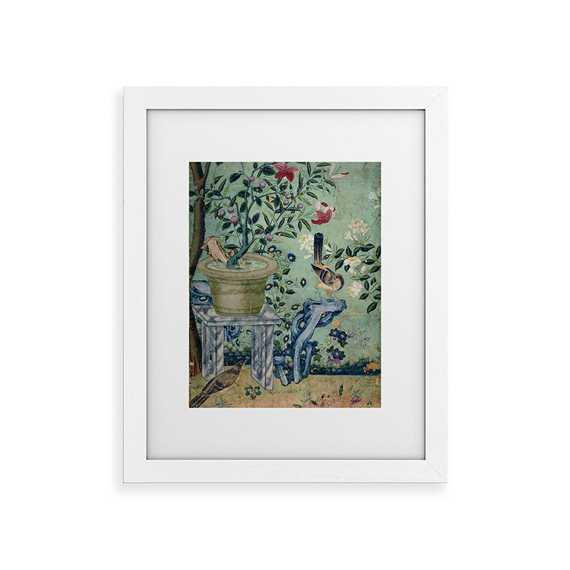 18th Century Antique Mint Chinoiserie Bird Garden Fresco 1740 Framed Art Print