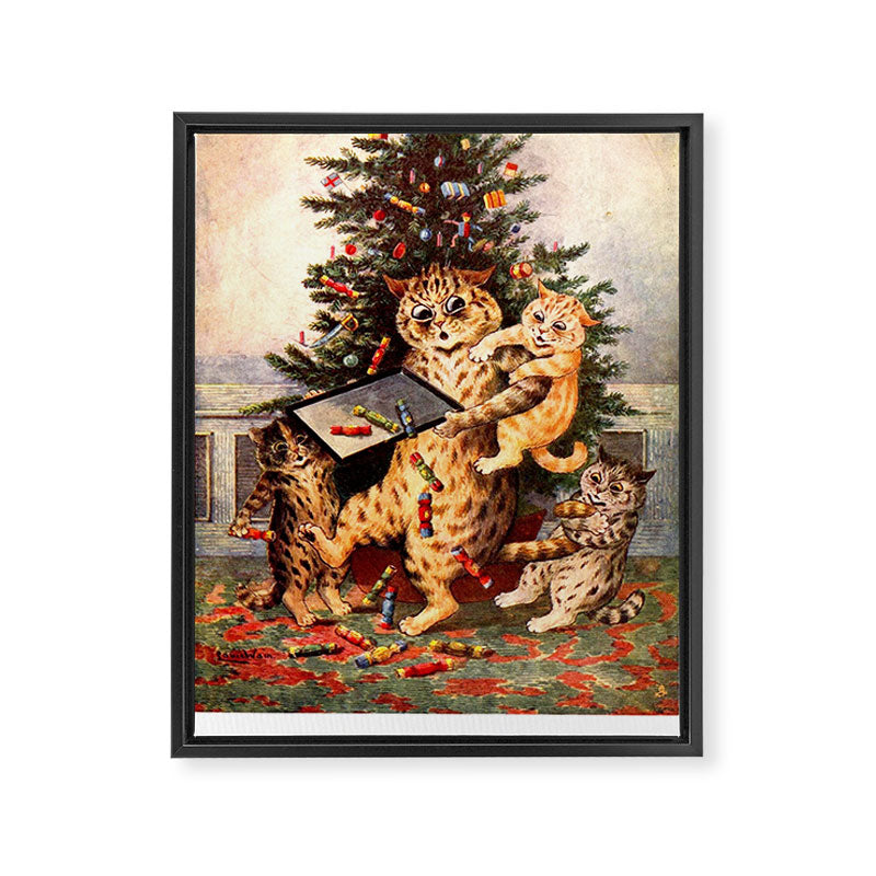 Christmas Time In Catland' Louis Wain Vintage Cat Framed Canvas Print