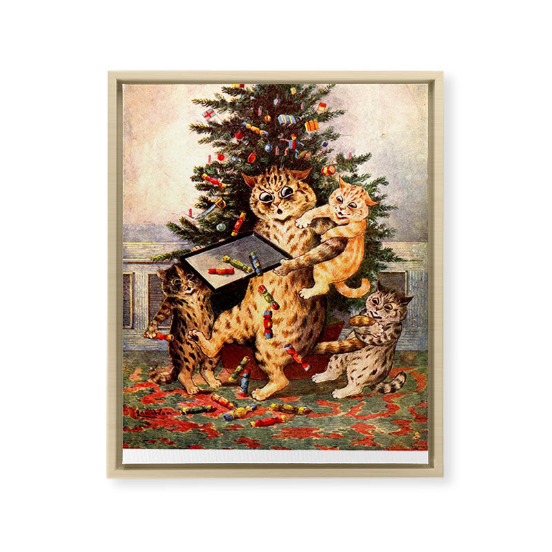 Christmas Time In Catland' Louis Wain Vintage Cat Framed Canvas Print