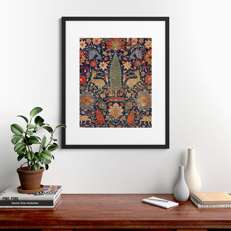 17th Century Persian Rug Print with Animals Framed Art Print