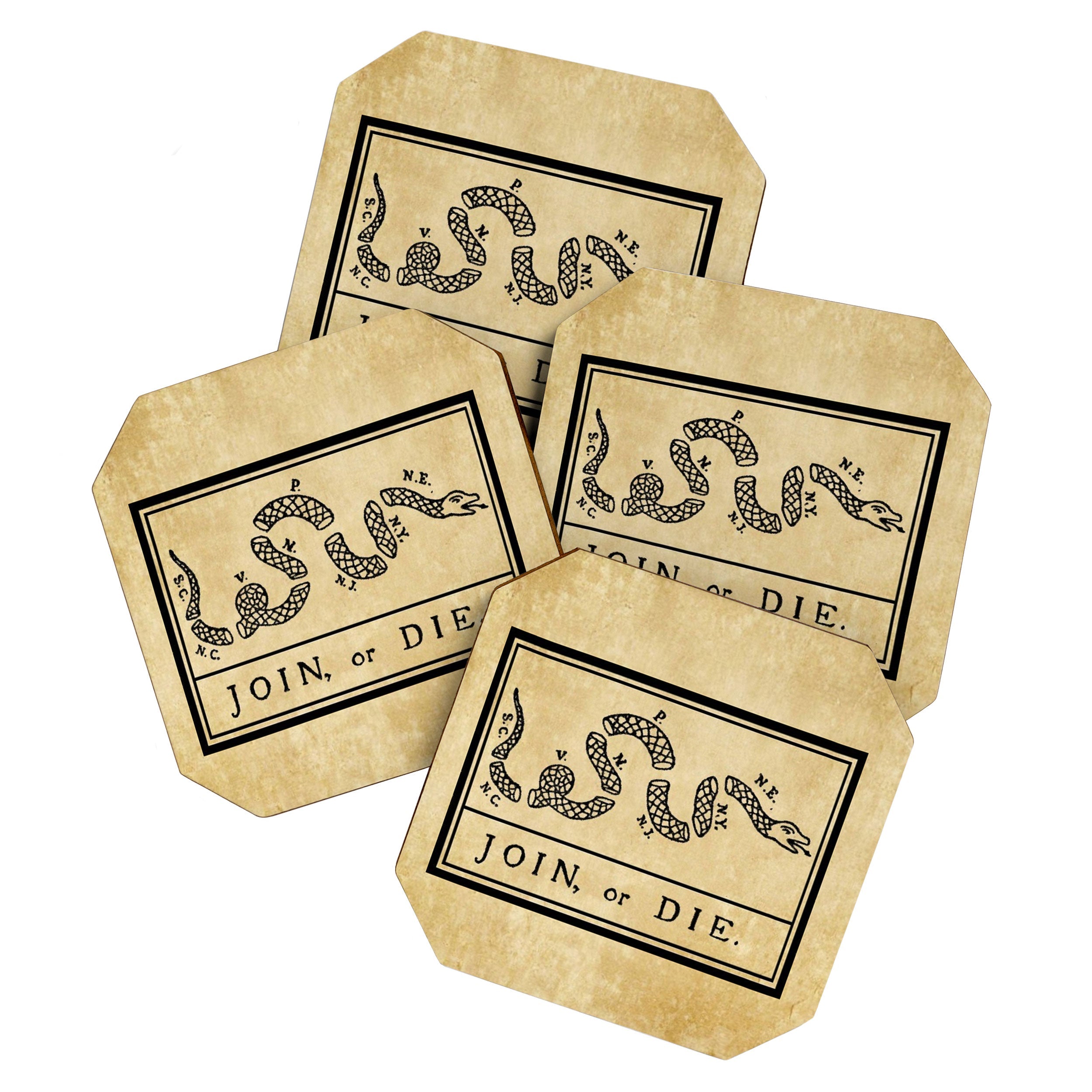 1776 "Join, or Die" Revolutionary War flag with 13 colonies, snake & no colors by Benjamin Franklin Coaster