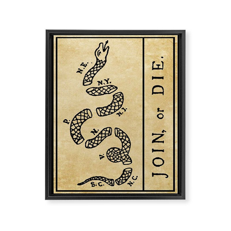 1776 "Join, or Die" Revolutionary War flag with 13 colonies, snake & no colors by Benjamin Franklin Framed Canvas Print