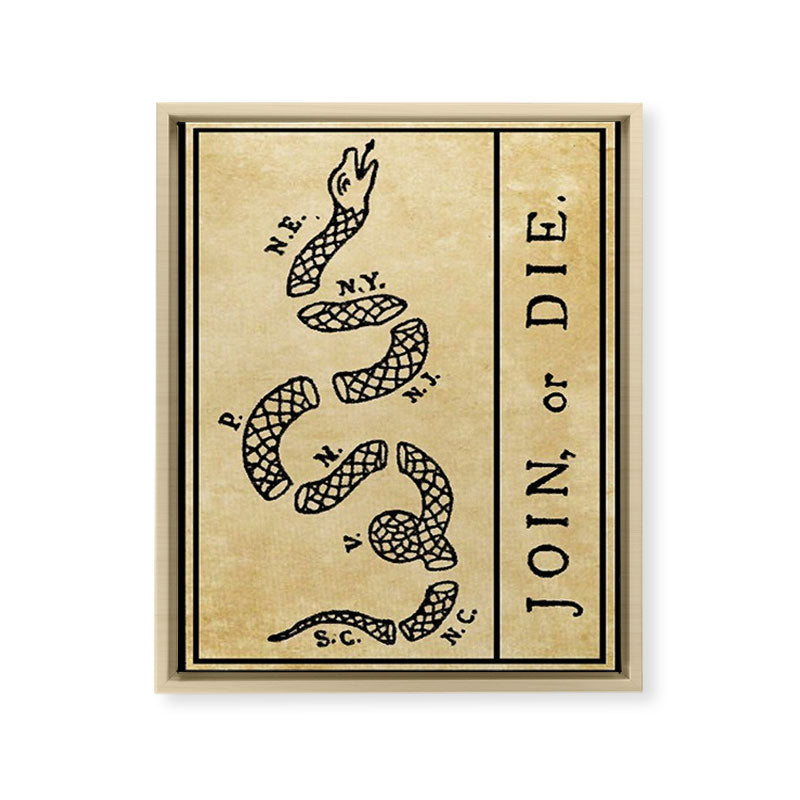 1776 "Join, or Die" Revolutionary War flag with 13 colonies, snake & no colors by Benjamin Franklin Framed Canvas Print