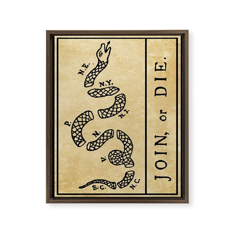 1776 "Join, or Die" Revolutionary War flag with 13 colonies, snake & no colors by Benjamin Franklin Framed Canvas Print