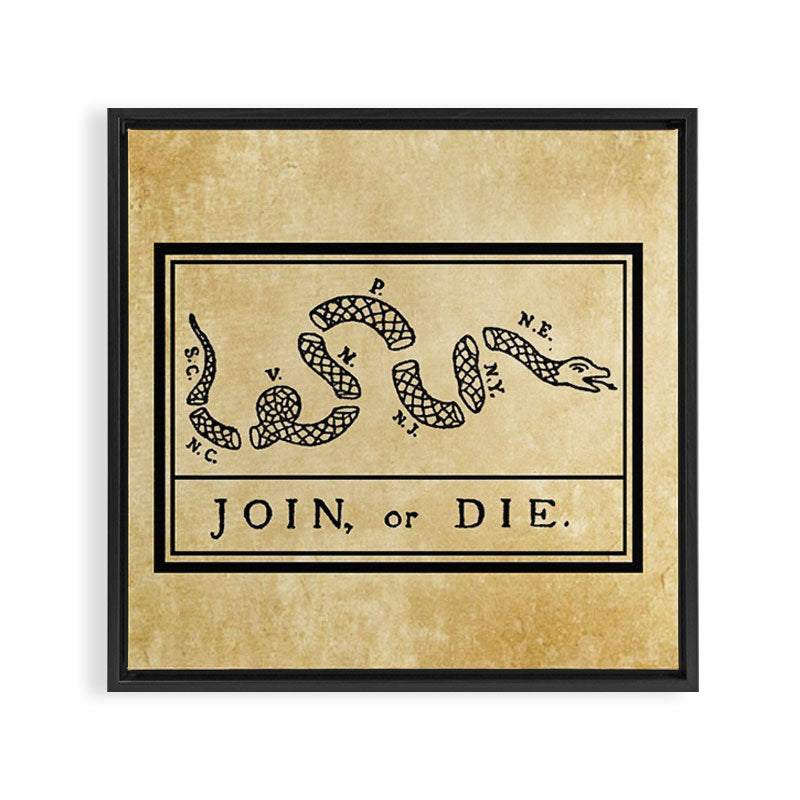 1776 "Join, or Die" Revolutionary War flag with 13 colonies, snake & no colors by Benjamin Franklin Framed Canvas Print