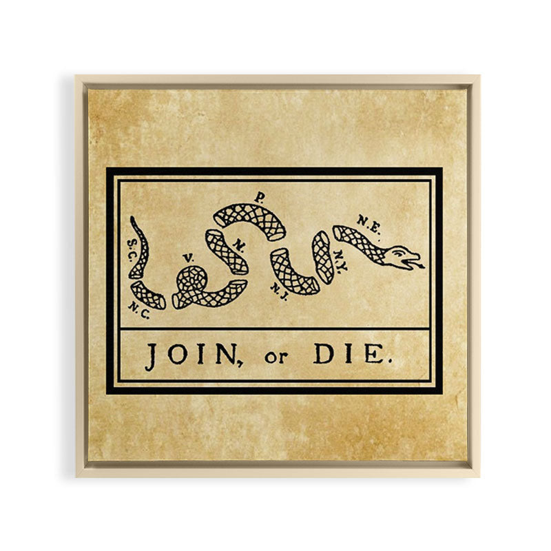 1776 "Join, or Die" Revolutionary War flag with 13 colonies, snake & no colors by Benjamin Franklin Framed Canvas Print