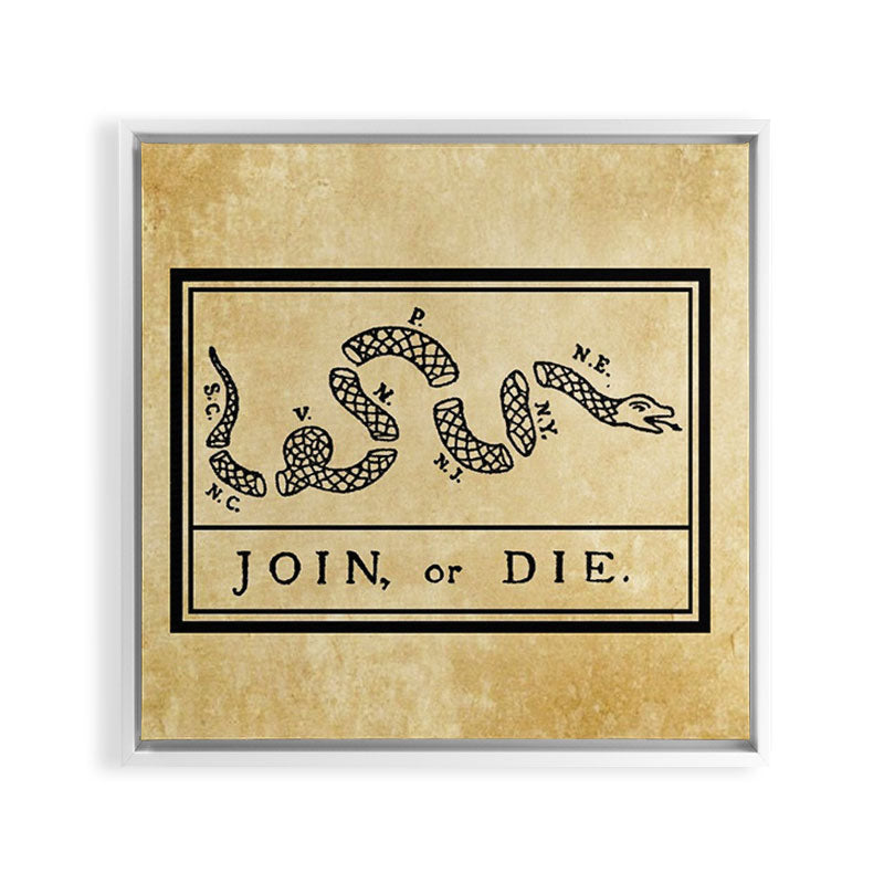 1776 "Join, or Die" Revolutionary War flag with 13 colonies, snake & no colors by Benjamin Franklin Framed Canvas Print