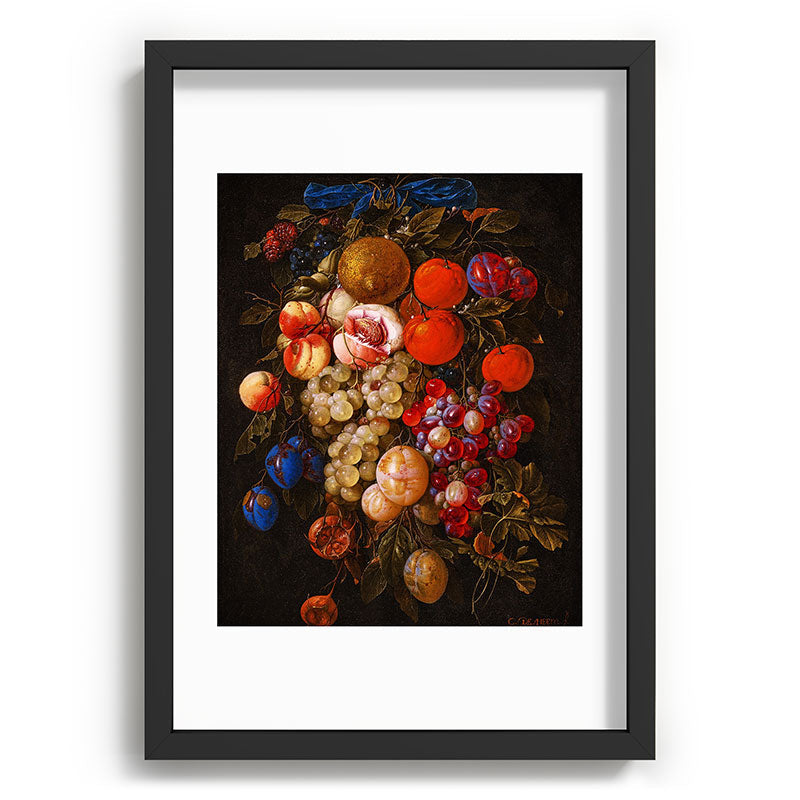 A festoon of fruit hanging from a blue ribbon 1670 still life portrait painting by Cornelis de Heem Framed Art Print