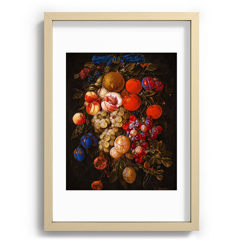 A festoon of fruit hanging from a blue ribbon 1670 still life portrait painting by Cornelis de Heem Framed Art Print