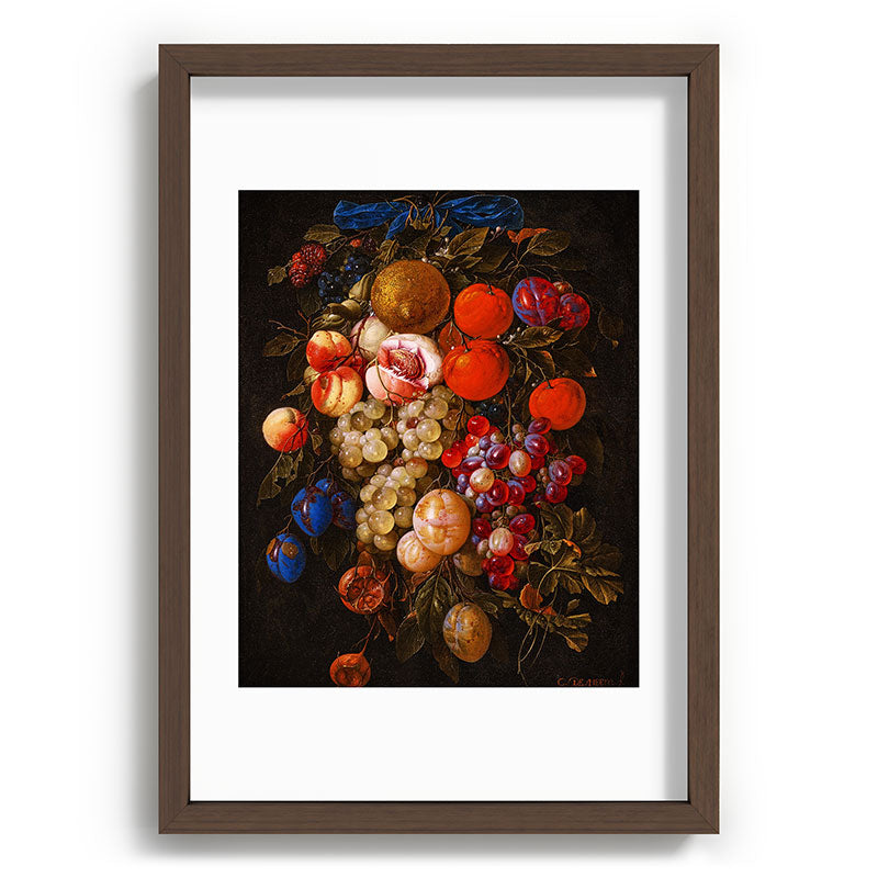 A festoon of fruit hanging from a blue ribbon 1670 still life portrait painting by Cornelis de Heem Framed Art Print