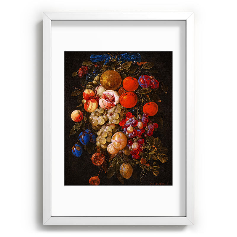 A festoon of fruit hanging from a blue ribbon 1670 still life portrait painting by Cornelis de Heem Framed Art Print