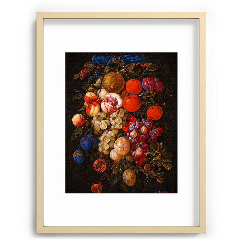 A festoon of fruit hanging from a blue ribbon 1670 still life portrait painting by Cornelis de Heem Framed Art Print
