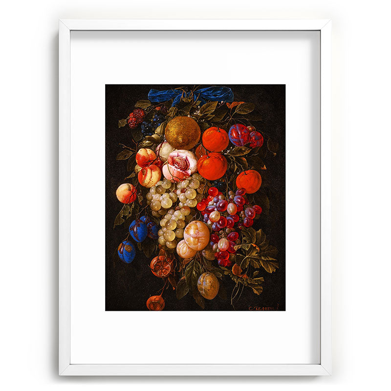 A festoon of fruit hanging from a blue ribbon 1670 still life portrait painting by Cornelis de Heem Framed Art Print
