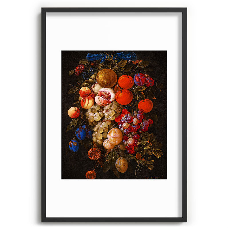 A festoon of fruit hanging from a blue ribbon 1670 still life portrait painting by Cornelis de Heem Framed Art Print