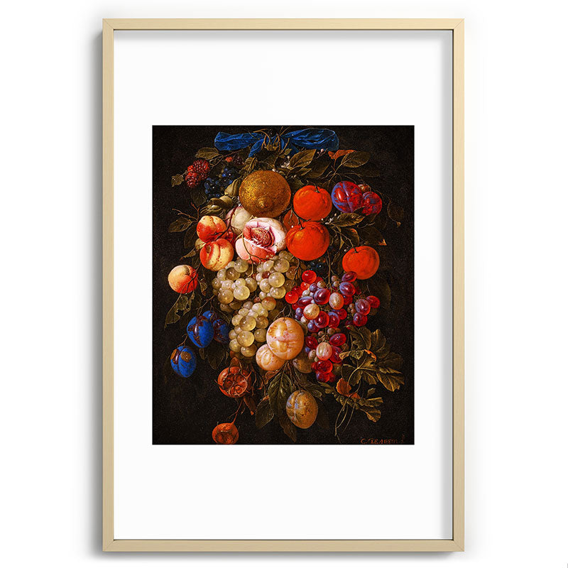 A festoon of fruit hanging from a blue ribbon 1670 still life portrait painting by Cornelis de Heem Framed Art Print