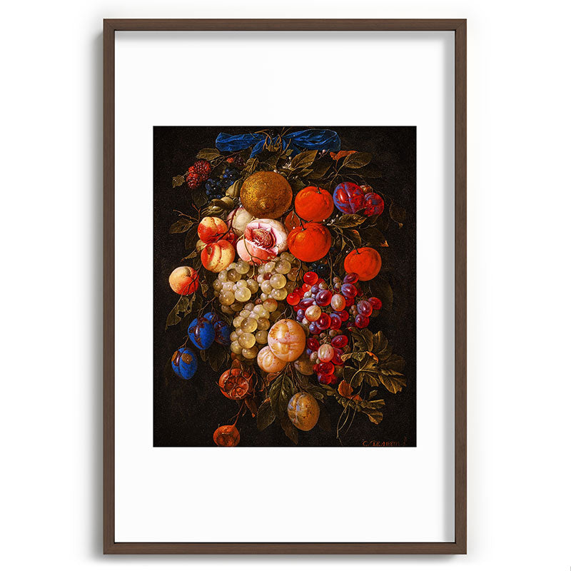 A festoon of fruit hanging from a blue ribbon 1670 still life portrait painting by Cornelis de Heem Framed Art Print