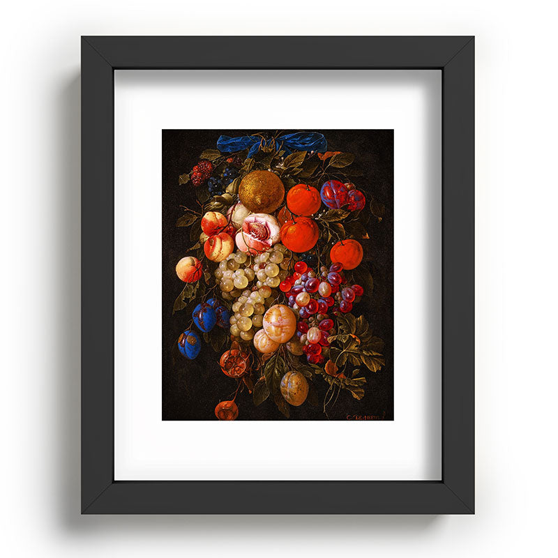 A festoon of fruit hanging from a blue ribbon 1670 still life portrait painting by Cornelis de Heem Framed Art Print