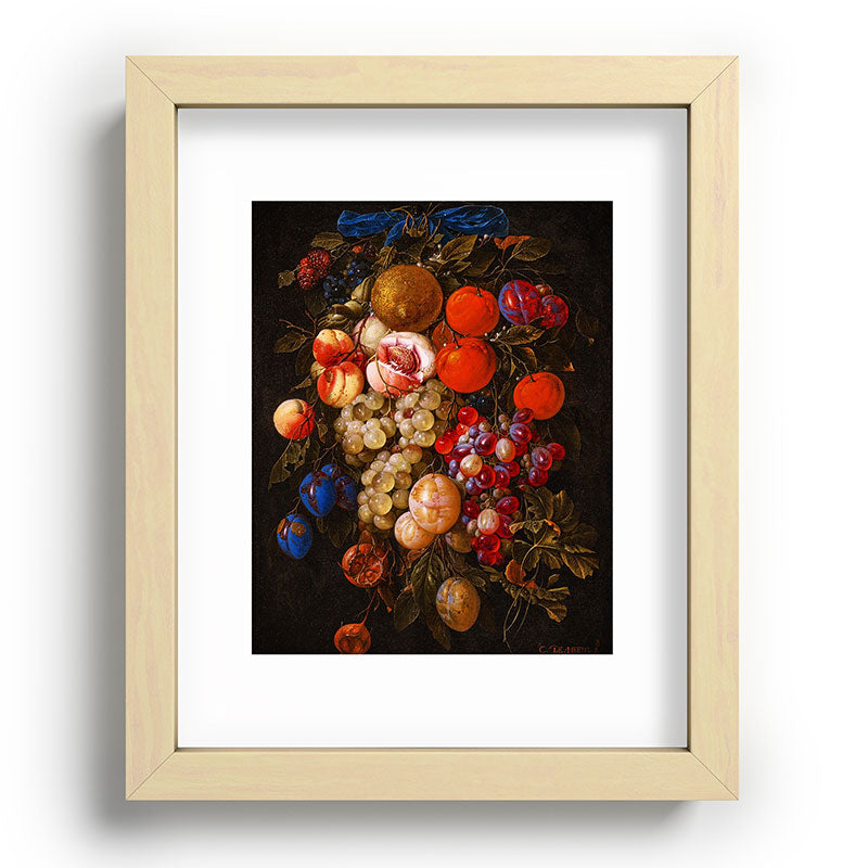 A festoon of fruit hanging from a blue ribbon 1670 still life portrait painting by Cornelis de Heem Framed Art Print