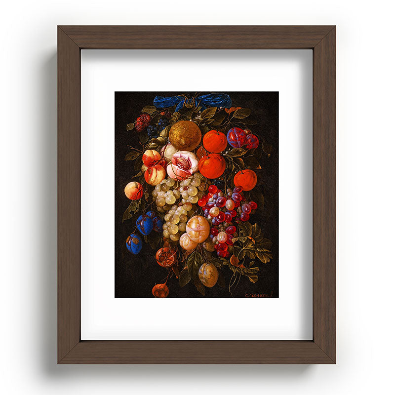 A festoon of fruit hanging from a blue ribbon 1670 still life portrait painting by Cornelis de Heem Framed Art Print