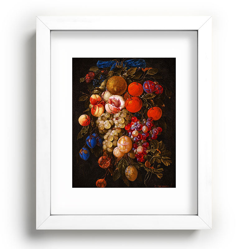 A festoon of fruit hanging from a blue ribbon 1670 still life portrait painting by Cornelis de Heem Framed Art Print