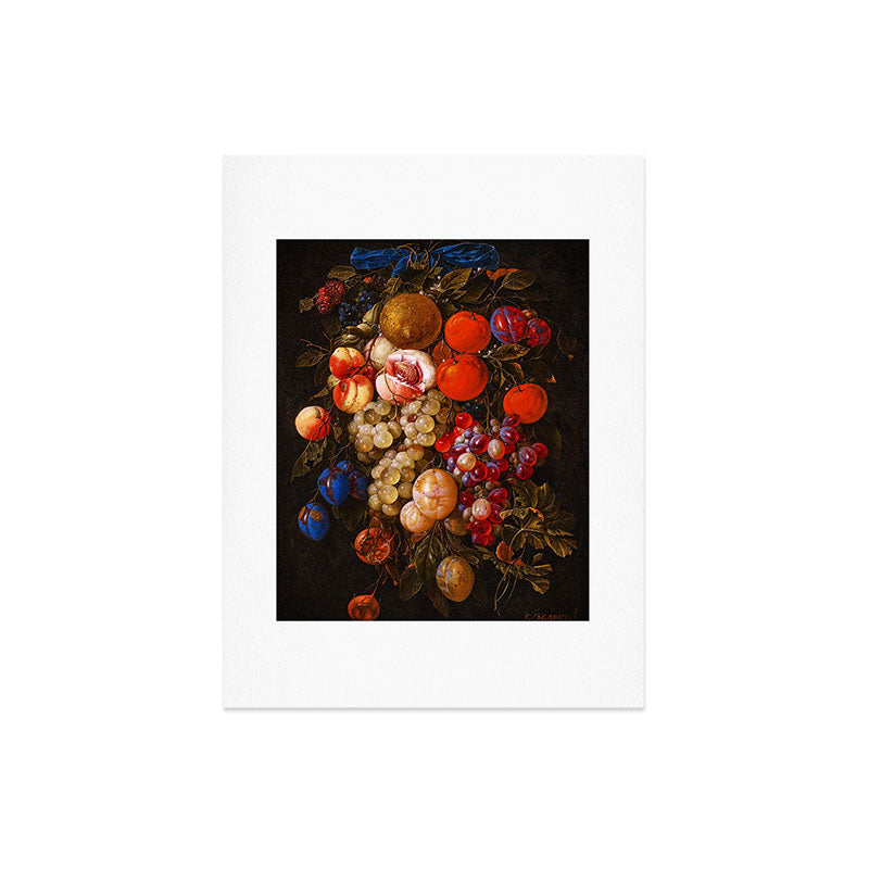 A festoon of fruit hanging from a blue ribbon 1670 still life portrait painting by Cornelis de Heem Art Print