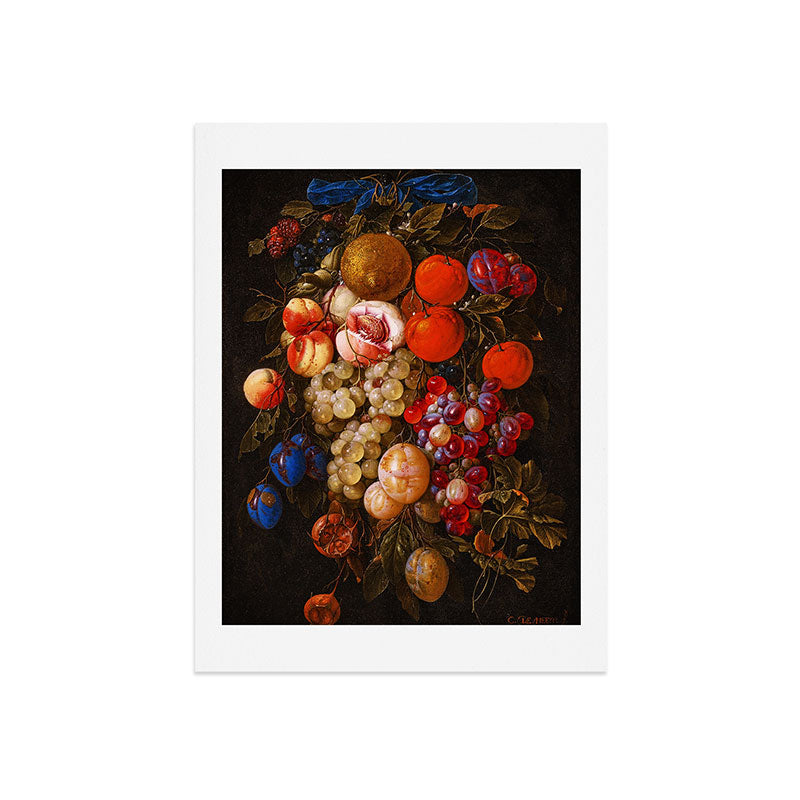 A festoon of fruit hanging from a blue ribbon 1670 still life portrait painting by Cornelis de Heem Art Print
