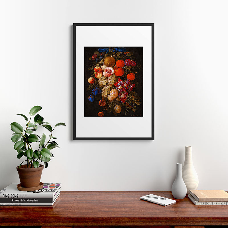 A festoon of fruit hanging from a blue ribbon 1670 still life portrait painting by Cornelis de Heem Framed Art Print