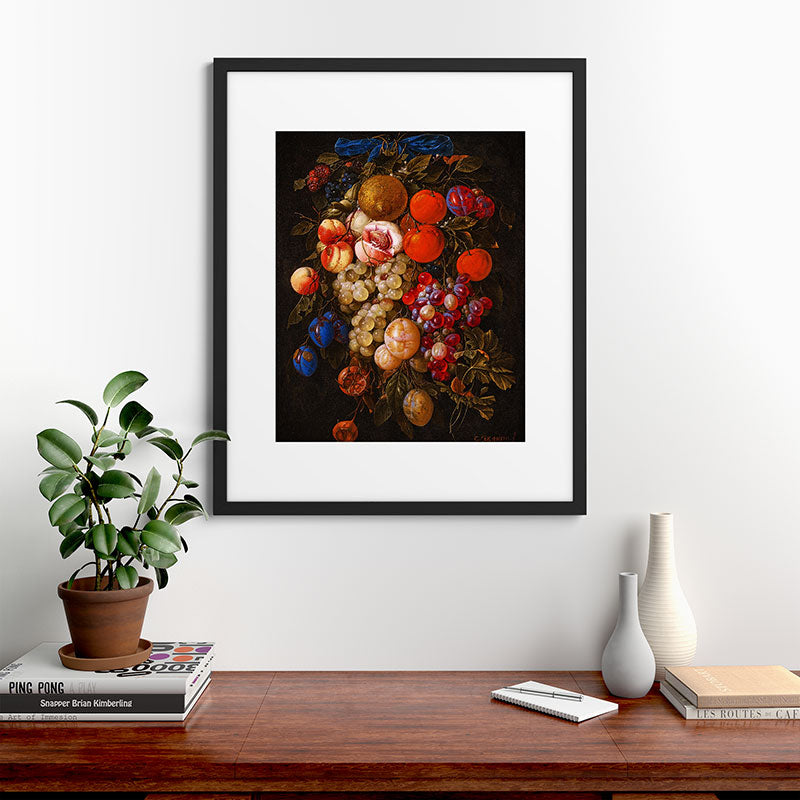 A festoon of fruit hanging from a blue ribbon 1670 still life portrait painting by Cornelis de Heem Framed Art Print