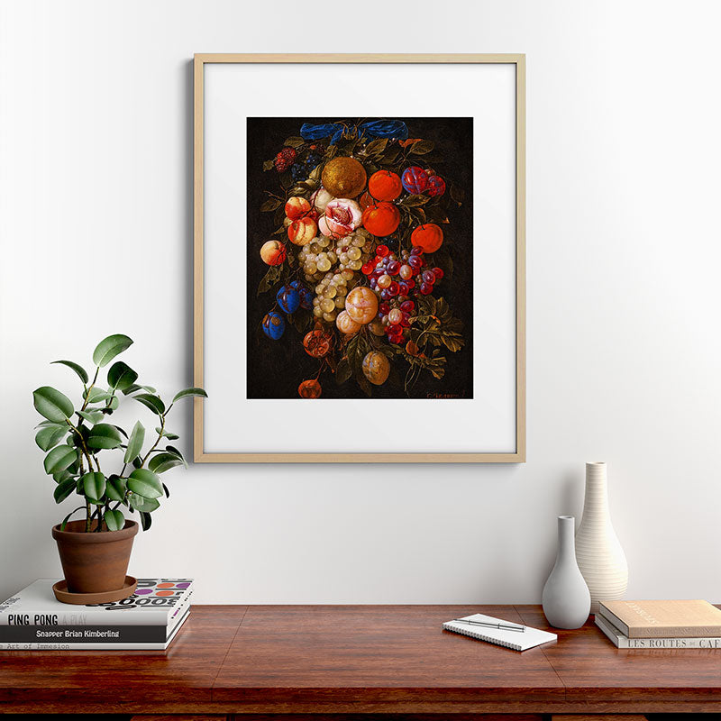 A festoon of fruit hanging from a blue ribbon 1670 still life portrait painting by Cornelis de Heem Framed Art Print