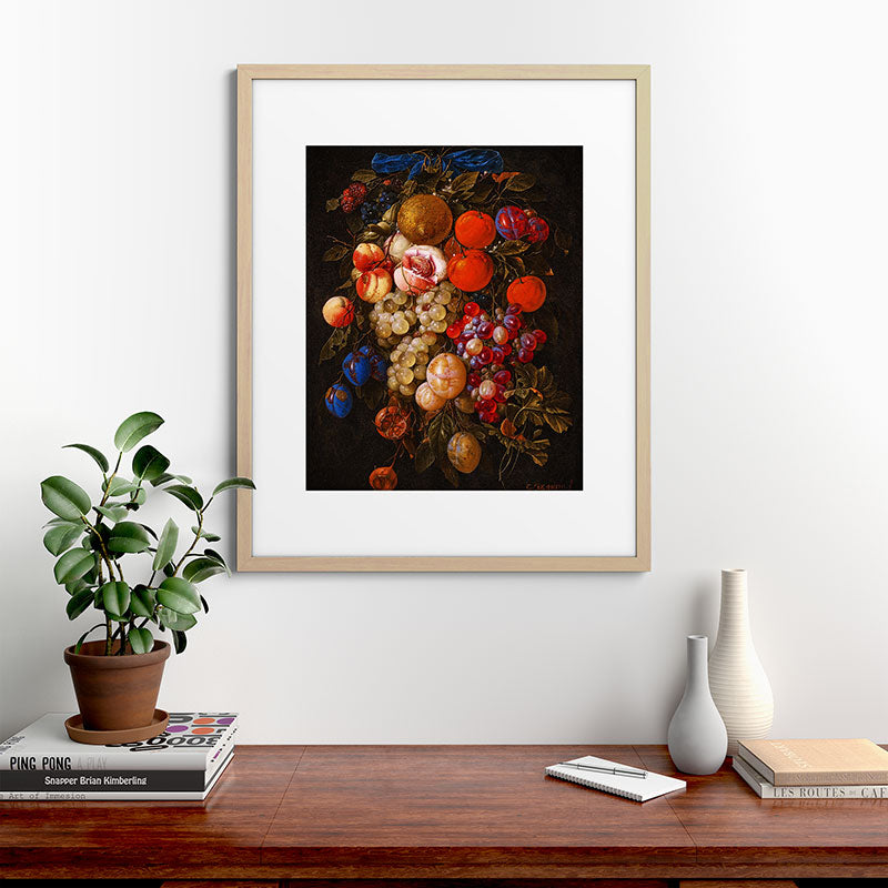 A festoon of fruit hanging from a blue ribbon 1670 still life portrait painting by Cornelis de Heem Framed Art Print