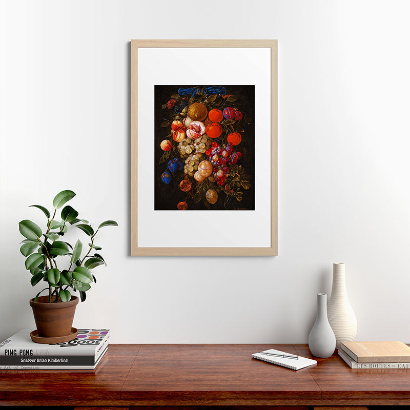 A festoon of fruit hanging from a blue ribbon 1670 still life portrait painting by Cornelis de Heem Framed Art Print