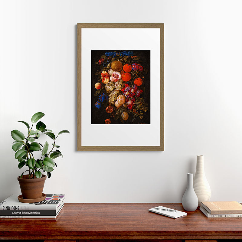 A festoon of fruit hanging from a blue ribbon 1670 still life portrait painting by Cornelis de Heem Framed Art Print