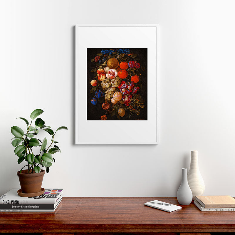 A festoon of fruit hanging from a blue ribbon 1670 still life portrait painting by Cornelis de Heem Framed Art Print