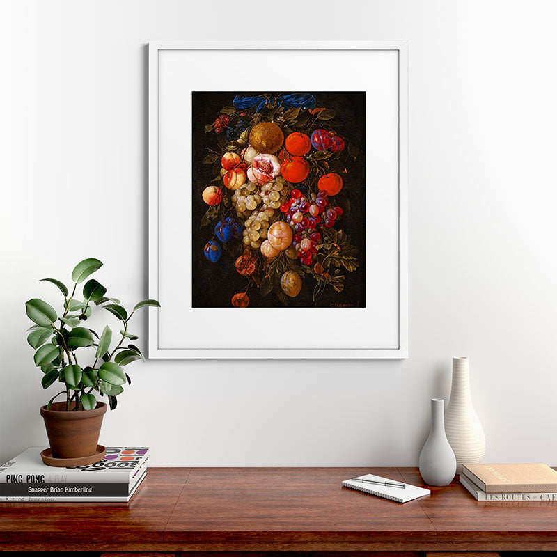 A festoon of fruit hanging from a blue ribbon 1670 still life portrait painting by Cornelis de Heem Framed Art Print