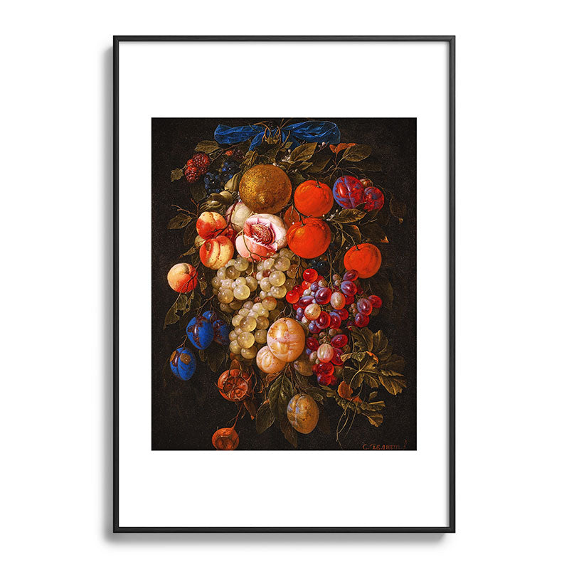 A festoon of fruit hanging from a blue ribbon 1670 still life portrait painting by Cornelis de Heem Framed Art Print